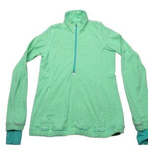 Lululemon Shirt Womens 2 Green Striped Thumbholes Forthright 1/2 Dual Zip‎